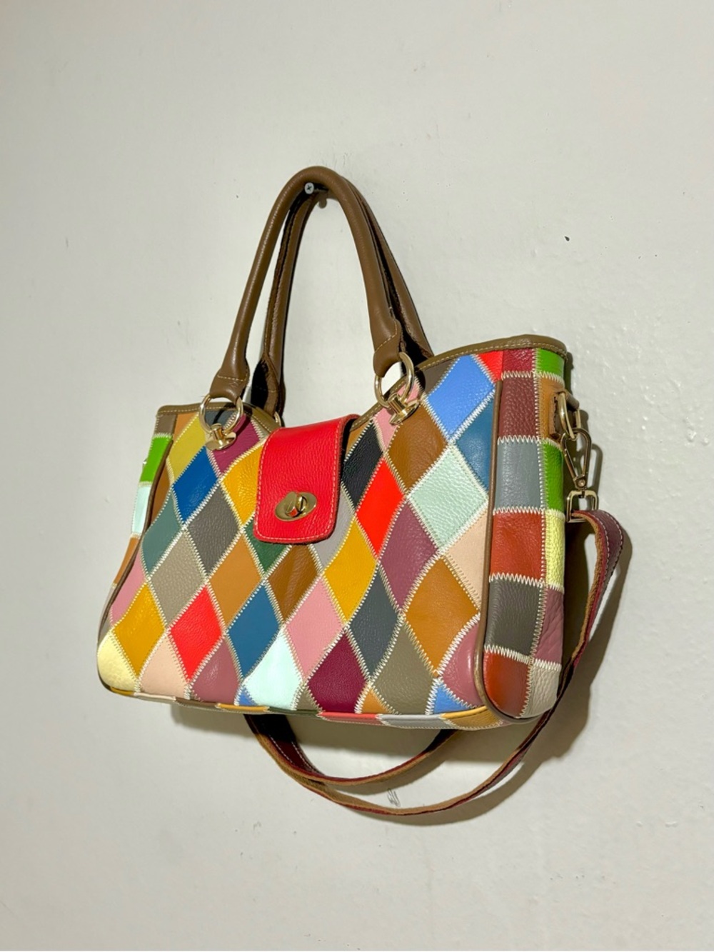 Heshe Handbag Patchwork Leather Satchel Shoulder Bag Multicolor Retro Purse